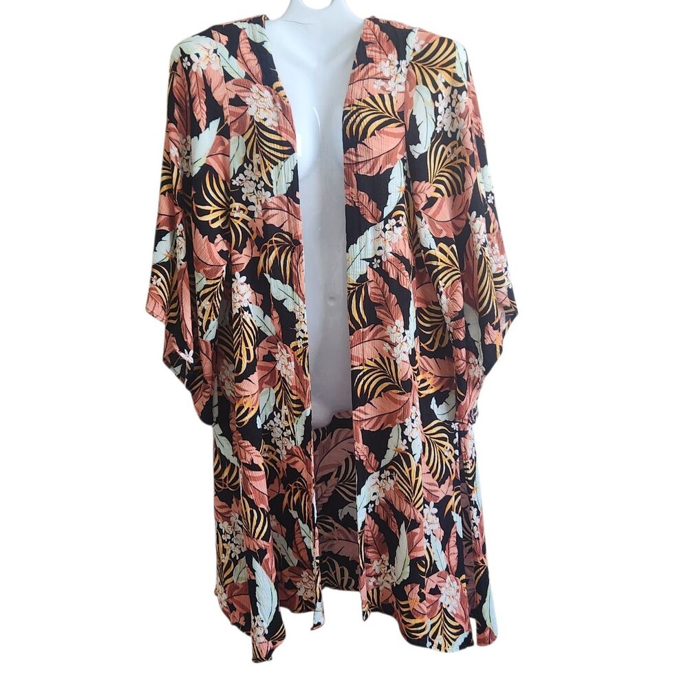 Rip Curl L Boho Tropical Palm Print Viscose Beach Kimono Terracotta Black AS IS
